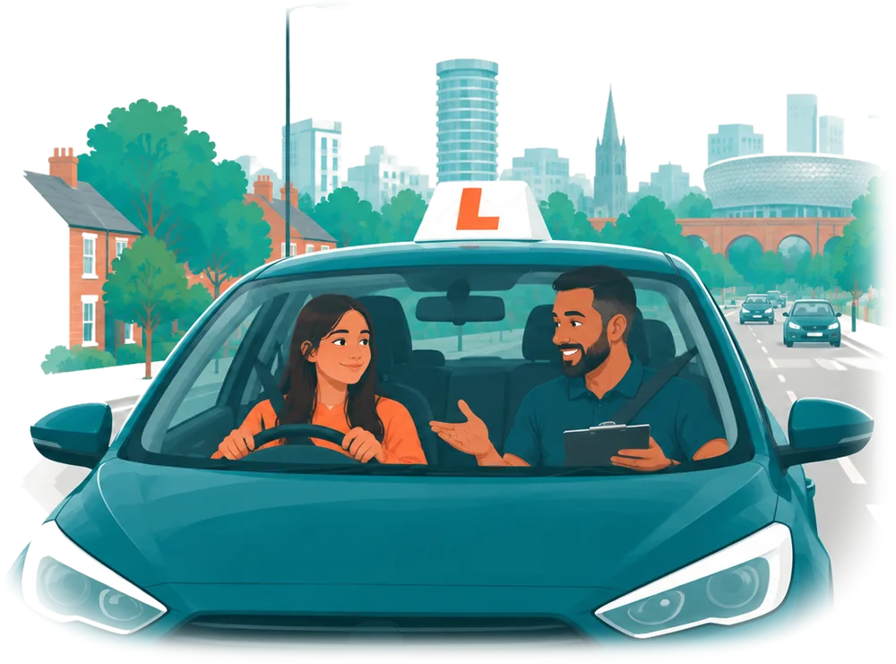 A learner driver and her instructor smiling in a car with an L plate, Birmingham behind them